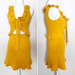 Beautiful Mustard Yellow Front Tie Ruffle Sleeveless Cocktail Party Dress